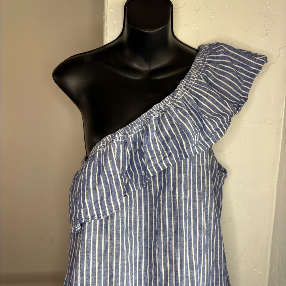 Madewell blue White one shoulder striped mini dress linen cotton blend sz L - Picture 12 of 14
